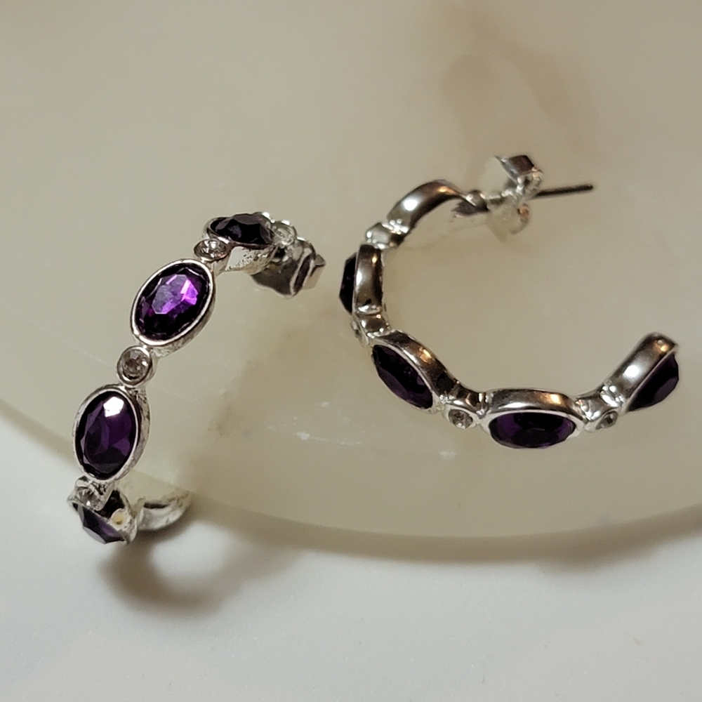 Avon Birthstone-Color Hoop Earrings February Amethyst Silver Tone Rhinestone - Picture 10 of 16